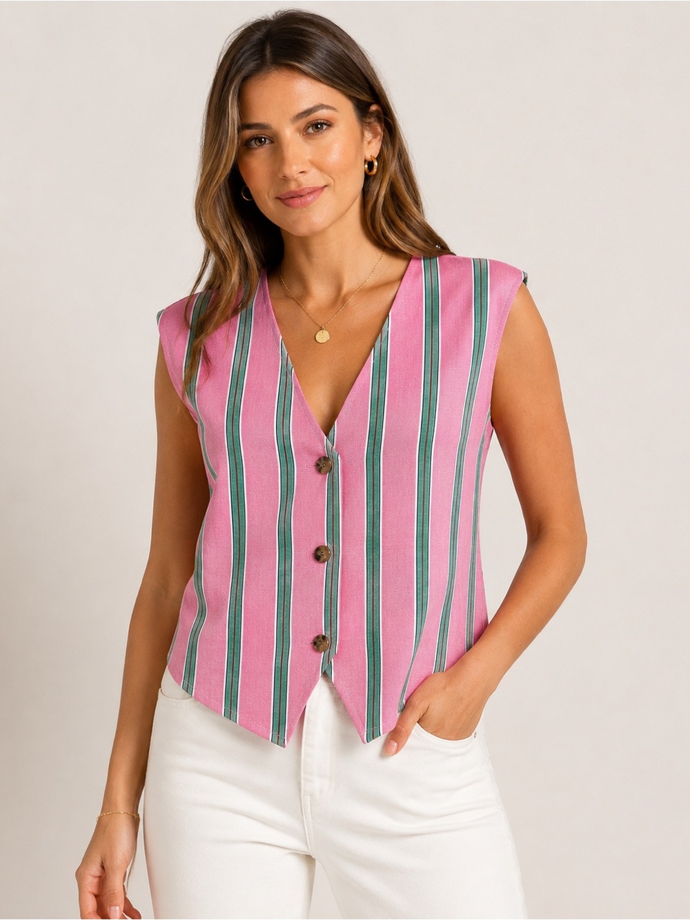 Smith & Quinn Striped Button Front Sleeveless Top Pink Green NWT Preppy
